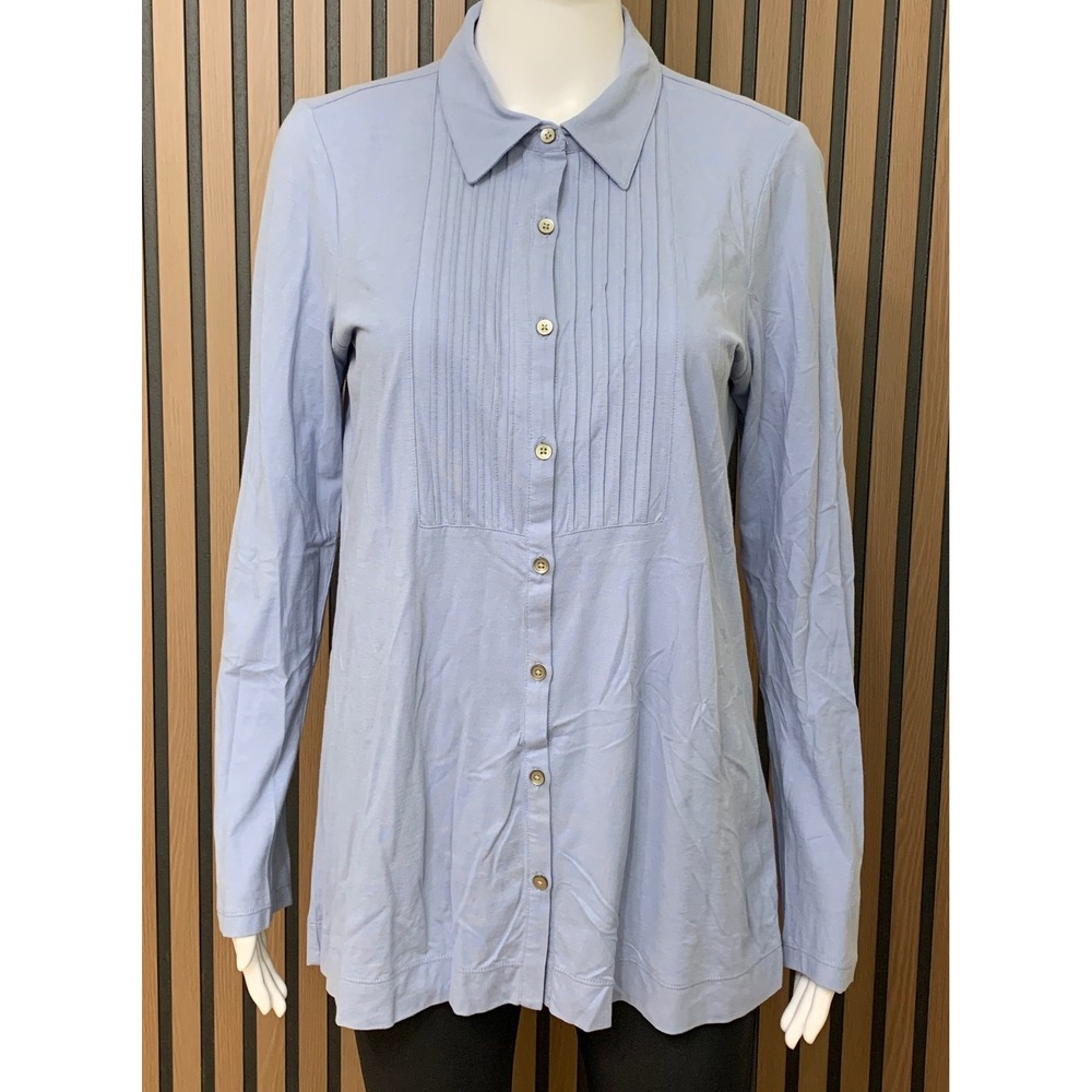 J. Jill Womens Bib-Front Jersey Shirt Blue Cotton Pleated Button Down Top Small